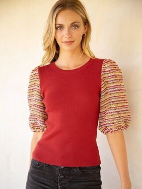 VOY Multicolor Tweed Puff Sleeve Knit Top